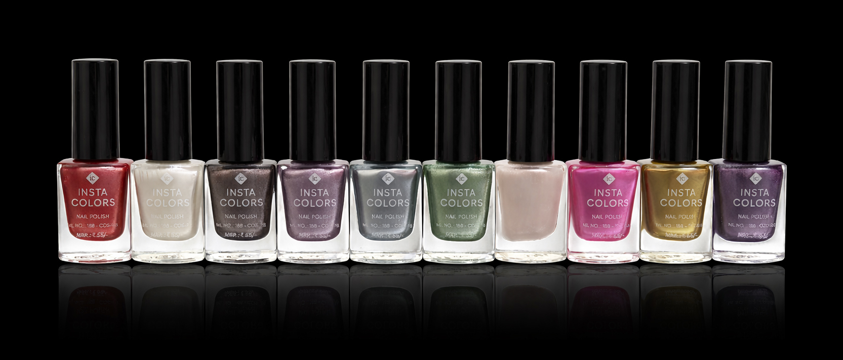 Insta Colors nail polish bottles on black background
